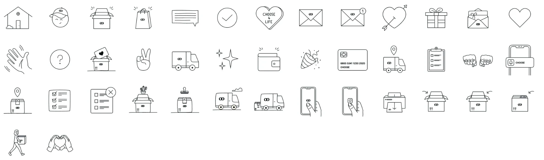 Une quarantaine d’illustrations au trait : maison, colis, sac, cœur, cadeau, camion, carte bancaire, téléphone, livreur…