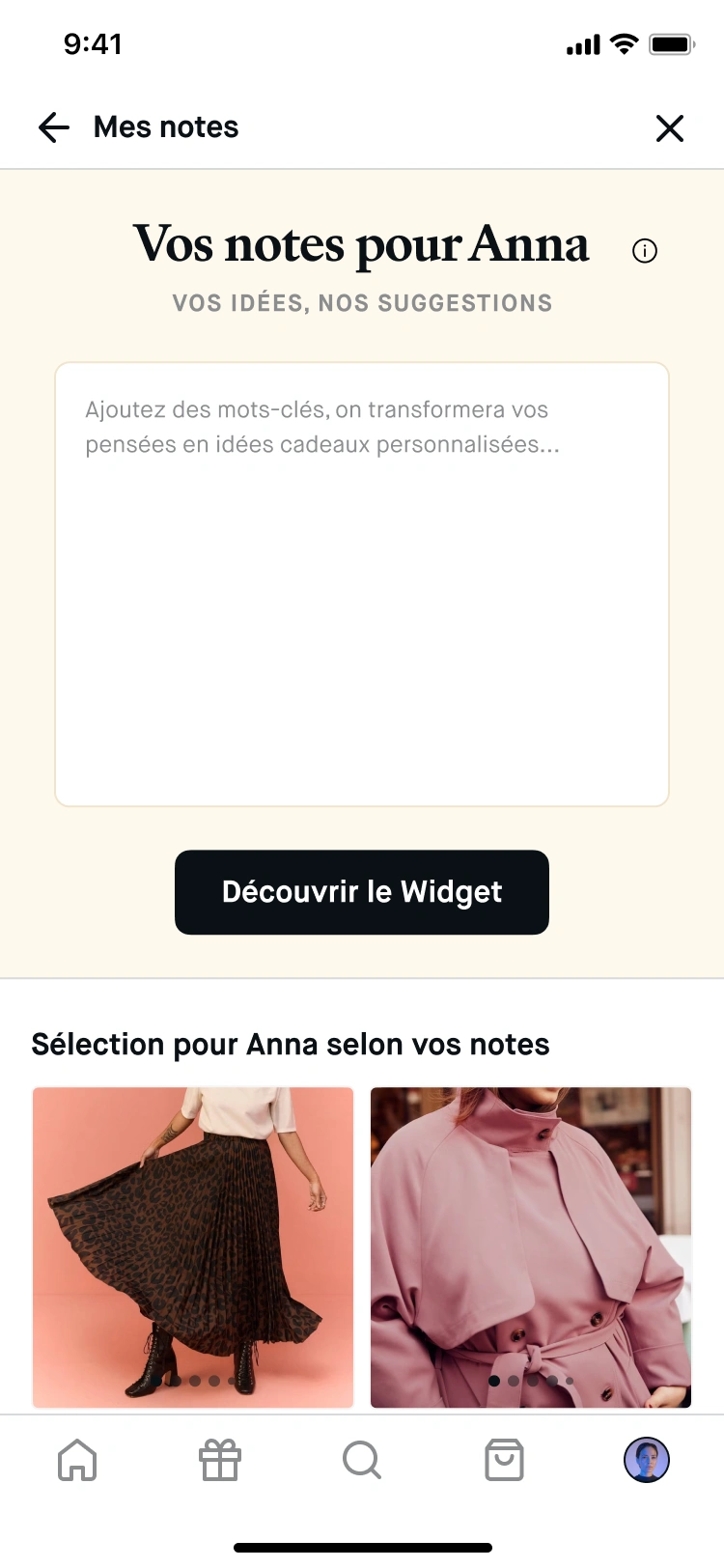 Notes V2 : « Vos notes pour Anna », avec le bouton d’information et l’accès au widget