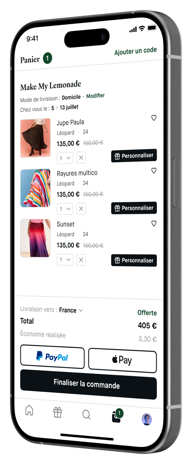 Panier : un bouton Personnaliser sur chaque article