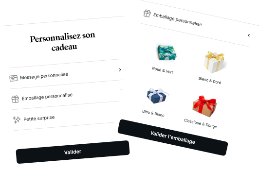 « Personnalisez son cadeau » (message, emballage, petite surprise) et le choix de l’emballage : Noué & Vert, Blanc & Doré, Bleu & Blanc, Classique & Rouge