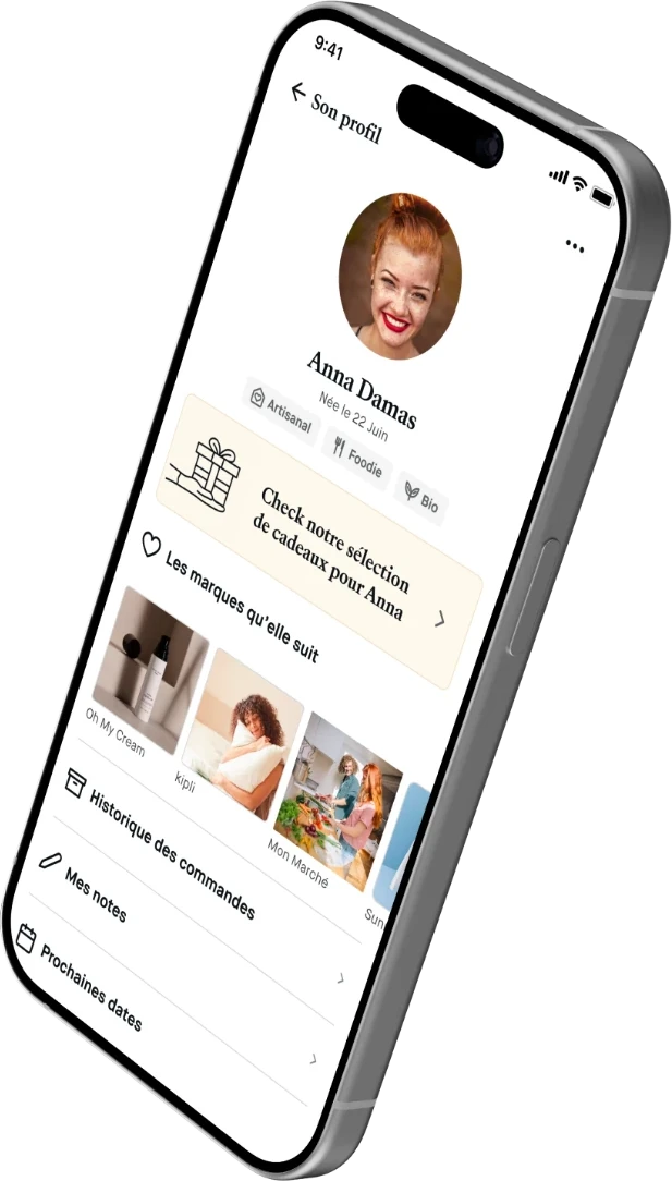 Le profil d’Anna : ses tags (Artisanal, Foodie, Bio), la sélection de cadeaux pour elle, les marques qu’elle suit, l’historique des commandes, les notes et les prochaines dates