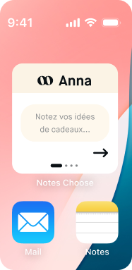 Le widget « Notes Choose » sur l’écran d’accueil du téléphone : « Notez vos idées de cadeaux… » pour Anna