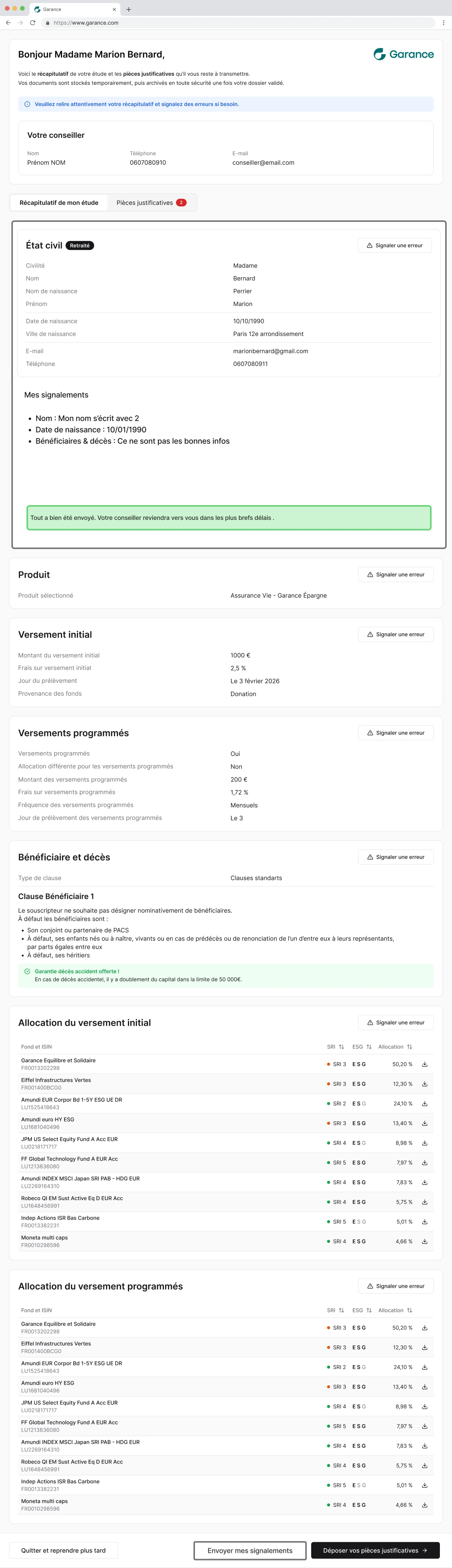 Écran 3 : la card État civil avec la liste « Mes signalements » et la confirmation d’envoi