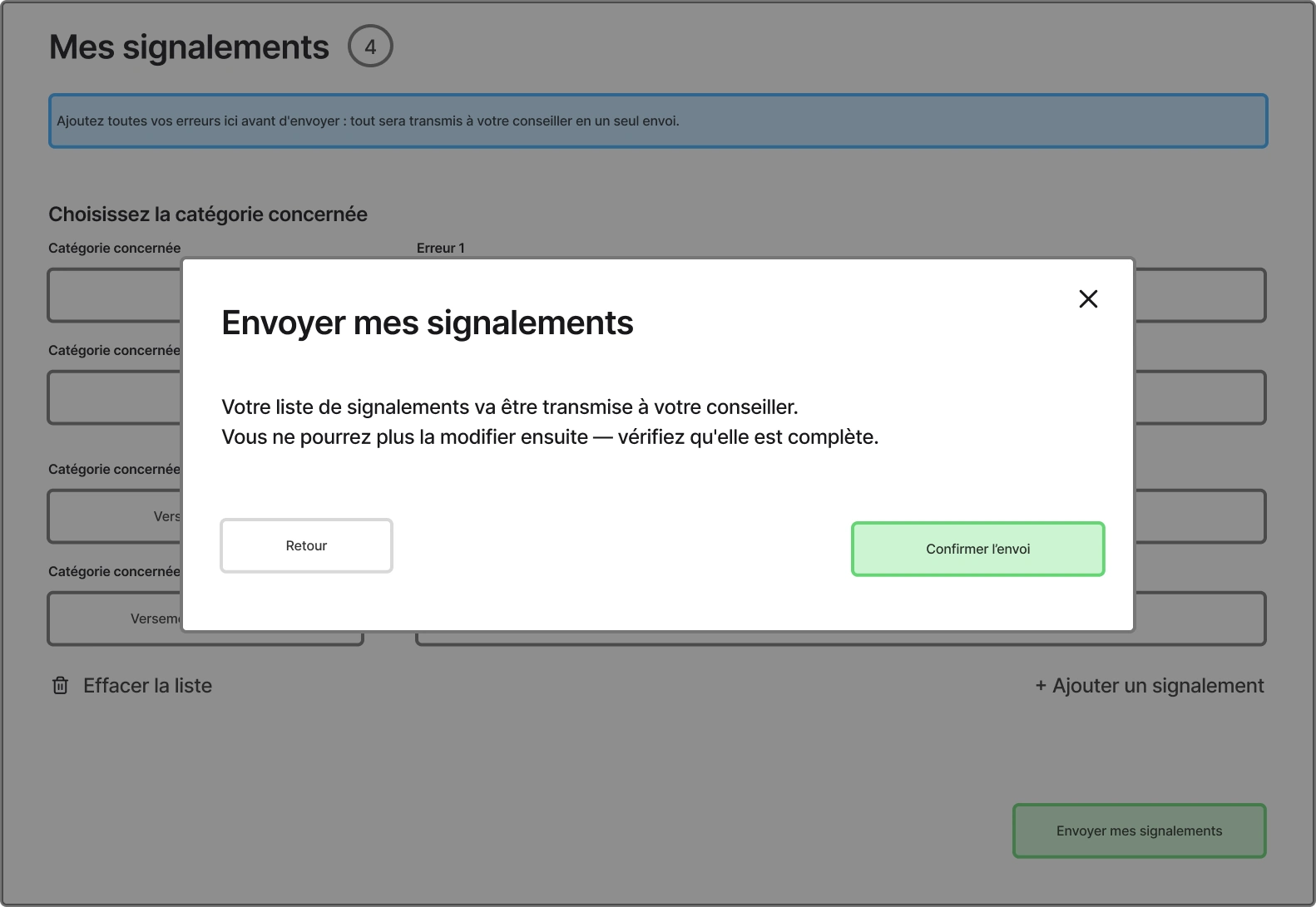 Wireframe de la modale « Envoyer mes signalements » : la liste sera transmise au conseiller et ne pourra plus être modifiée, avec Retour et Confirmer l’envoi
