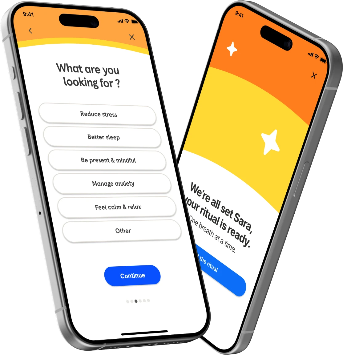 Onboarding : « What are you looking for ? » puis « Your ritual is ready »