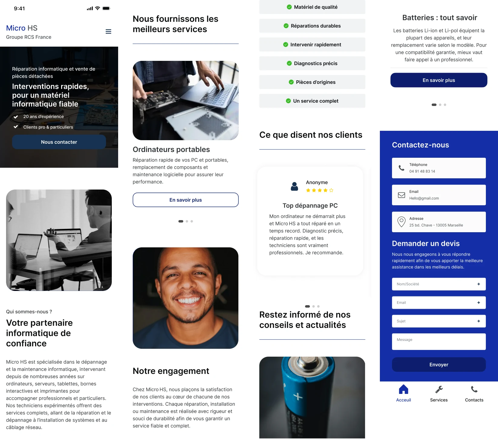 La page d’accueil mobile, découpée en quatre colonnes : hero et qui sommes-nous ; services et engagement ; avis clients et conseils ; contact, devis et barre d’onglets Accueil, Services, Contacts