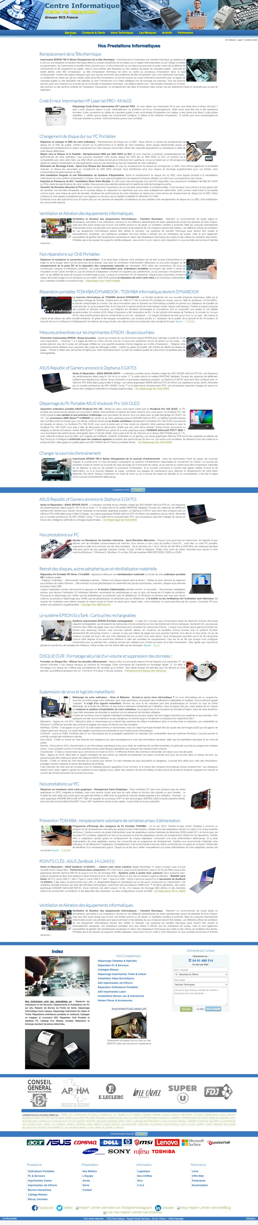 La page d’accueil actuelle de micro-hs.com en entier : bannière photo, menu bleu, puis une vingtaine d’articles techniques en paragraphes justifiés, et un bas de page saturé de liens