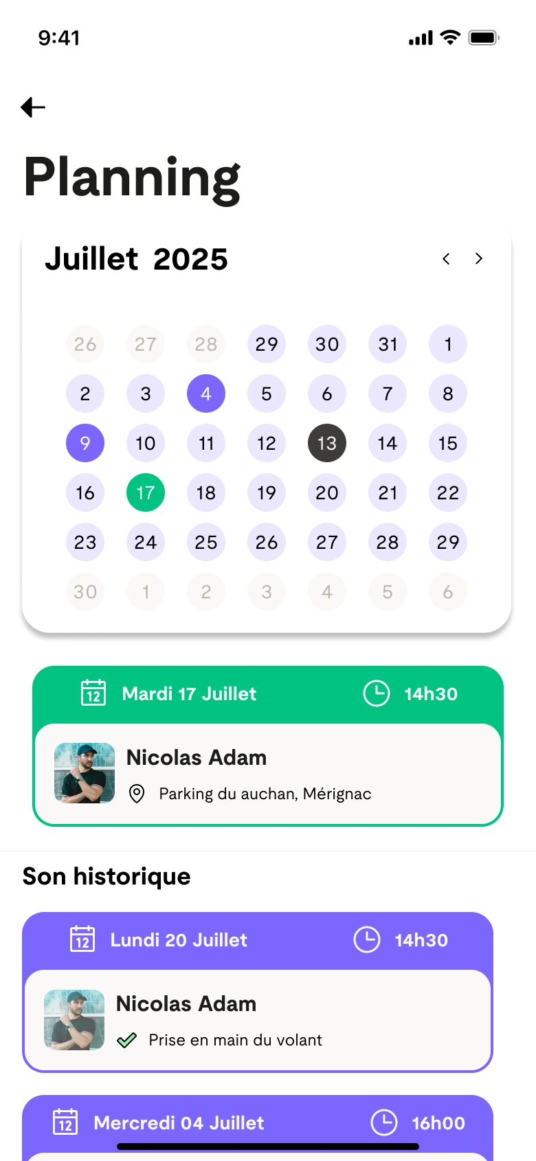 Planning : séances effectuées et à venir